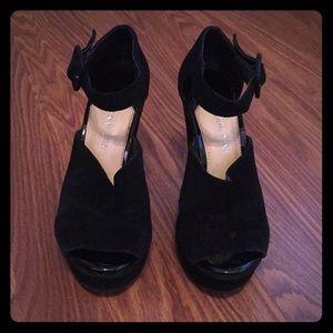 Black suede ankle strap platform heel